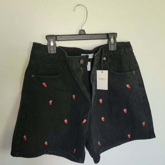 NEW with tags Forever 21 Black Denim Shorts with Strawberries - Picture 1 of 4